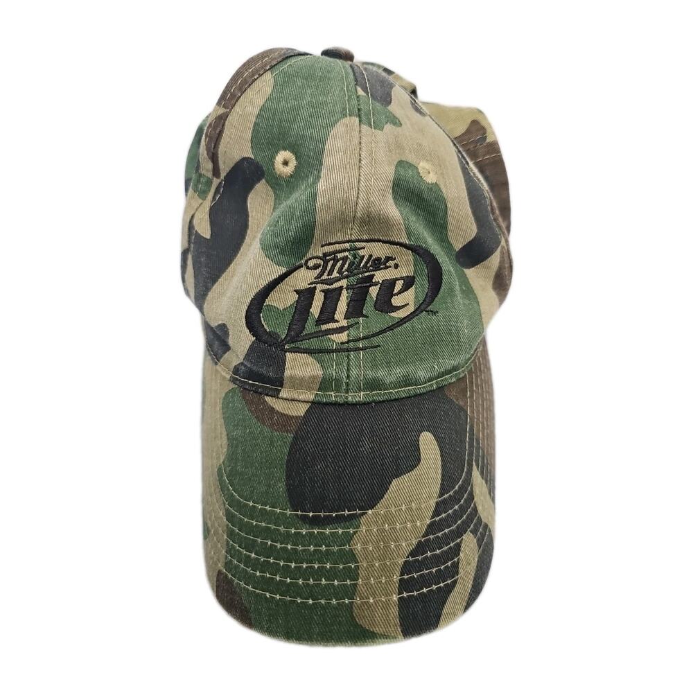 Vintage Acme Miller Lite Beer Camo Adjustable Strapback Hat Hunting Fishing Cap